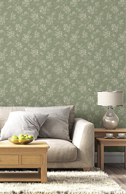 Vintage Wallpaper with Rose Pattern on Green Background, Floral Wallpaper, Romantic Wall Mural, Peel and Stick Wallpaper, Drawing Wallpaper