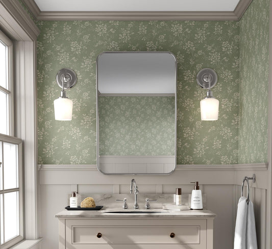 Vintage Wallpaper with Rose Pattern on Green Background, Floral Wallpaper, Romantic Wall Mural, Peel and Stick Wallpaper, Drawing Wallpaper