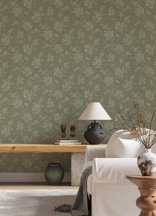 Vintage Wallpaper with Rose Pattern on Green Background, Floral Wallpaper, Romantic Wall Mural, Peel and Stick Wallpaper, Drawing Wallpaper