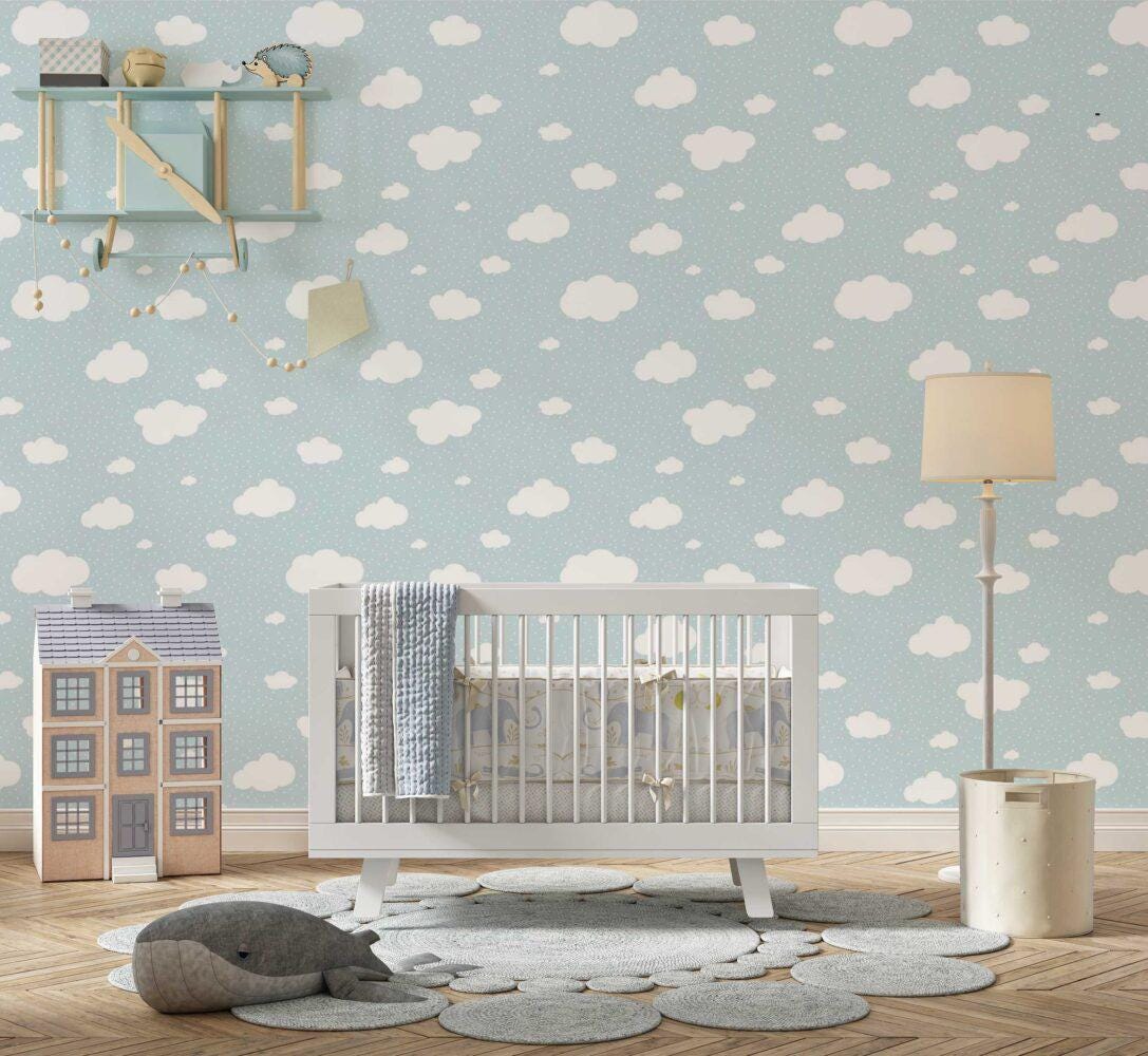Tiny Clouds Wallpaper For Kidsroom, Watercolor Wallpaper Nursery, Blue Child Wallpaper, Illustration Sky Wallpaper, Baby Boy Wallpaper