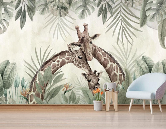 Giraffe Family Kids Wallpaper, Minimalist Safari Kids Wallpaper, Jungle Animals Wallpaper Nursery, Baby Wallpaper, Green Leaves Wallpaper