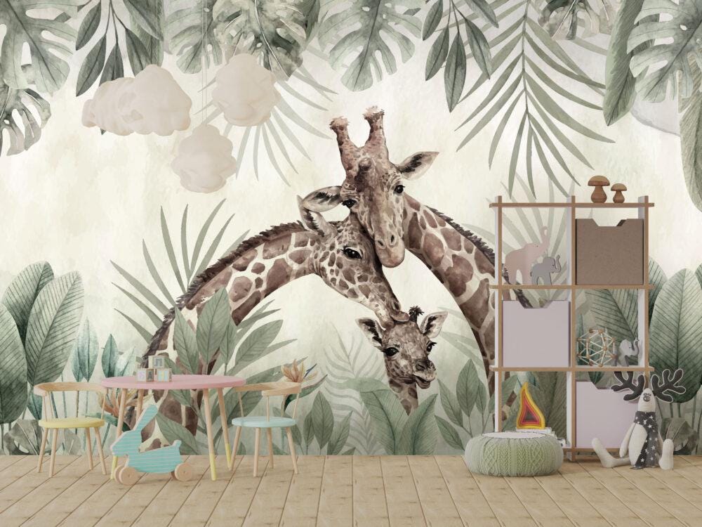 Giraffe Family Kids Wallpaper, Minimalist Safari Kids Wallpaper, Jungle Animals Wallpaper Nursery, Baby Wallpaper, Green Leaves Wallpaper
