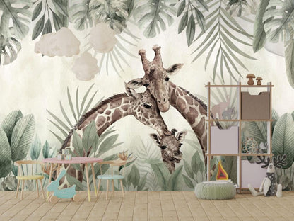 Giraffe Family Kids Wallpaper, Minimalist Safari Kids Wallpaper, Jungle Animals Wallpaper Nursery, Baby Wallpaper, Green Leaves Wallpaper