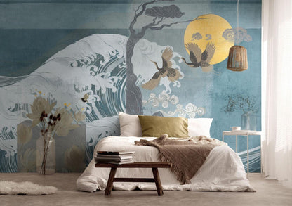 Blue Vintage Special Design 3D Wallpaper, Illustration Sea and Crane Birds Collage Wallpaper, Blue Wallpaper, Abstract Pattern Wallpaper