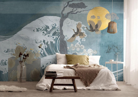 Blue Vintage Special Design 3D Wallpaper, Illustration Sea and Crane Birds Collage Wallpaper, Blue Wallpaper, Abstract Pattern Wallpaper