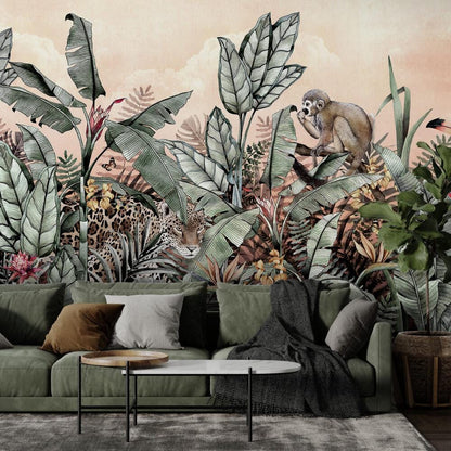 Tropical Pattern 3D Wallpaper with Monkeys, Exotic Plant Floral Wallpaper, Leaves Bohemian Wallpaper, Botany Mural, Bathroom Wallpaper