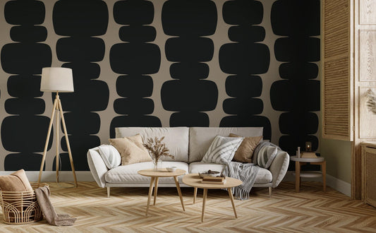 Black Blocks on Beige Background Wallpaper, Peel and Stick Wallpaper, Stylish Room Design, Black Wallpaper, Geometric Pattern Wallpaper