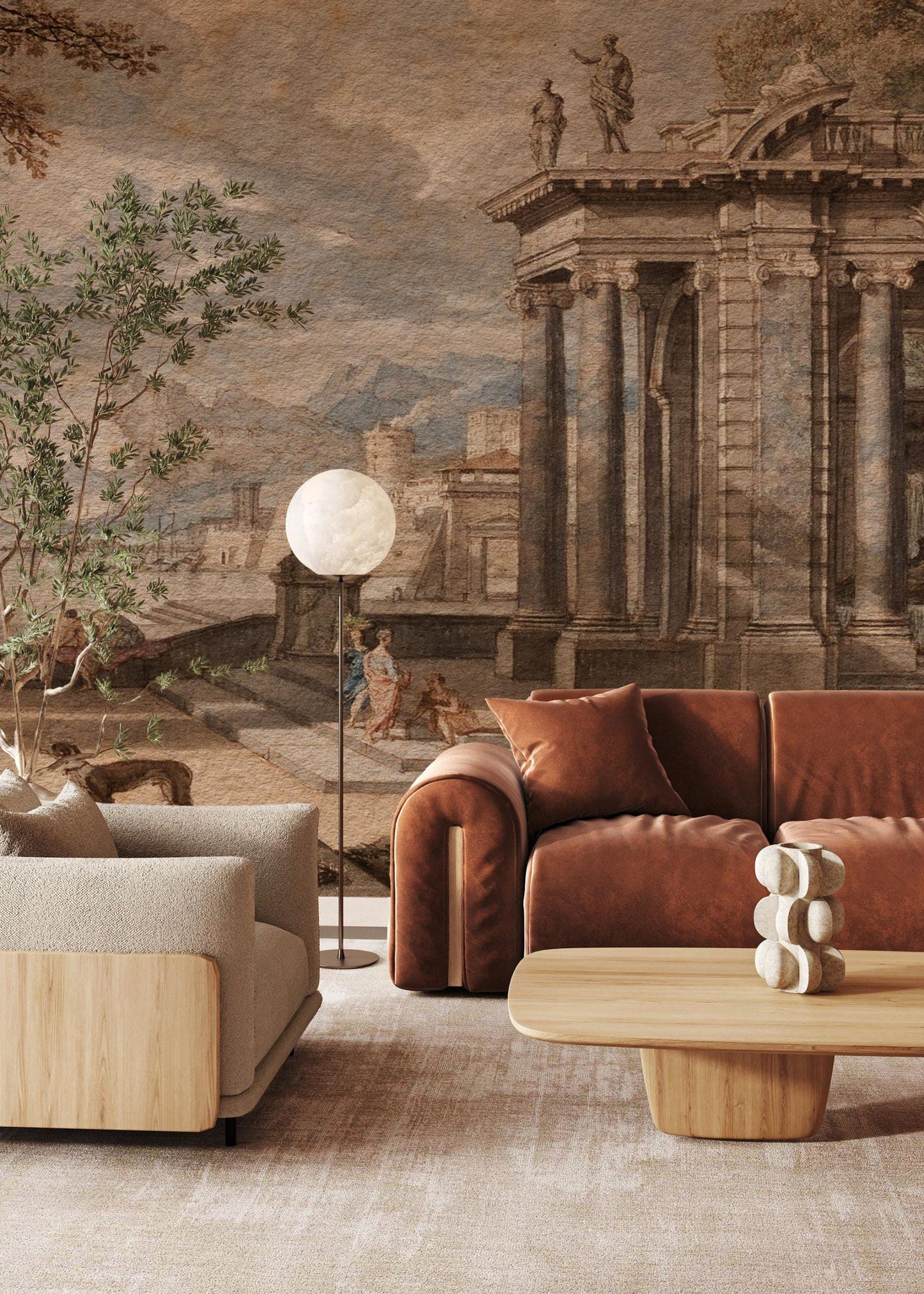 Harbor View in Ancient Rome Wallpaper, Bohemian Peel and Stick Wallpaper, Antique Wallpaper, Nostalgic Wallpaper, Drawwing Wallpaper