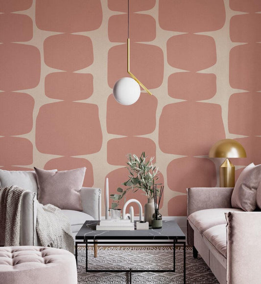 Pink Blocks on Beige Background Wallpaper, Peel and Stick Wallpaper, Stylish Room Design, Pink Wallpaper, Geometric Pattern Wallpaper