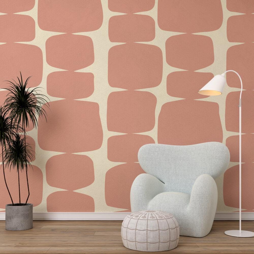 Pink Blocks on Beige Background Wallpaper, Peel and Stick Wallpaper, Stylish Room Design, Pink Wallpaper, Geometric Pattern Wallpaper