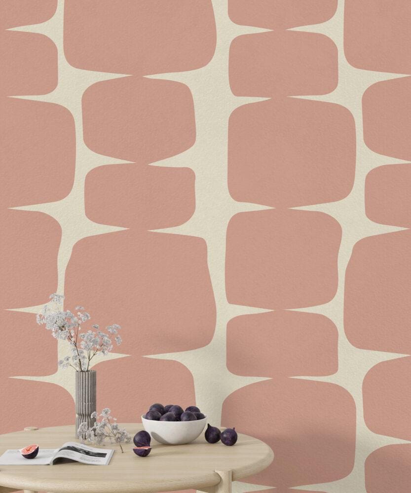 Pink Blocks on Beige Background Wallpaper, Peel and Stick Wallpaper, Stylish Room Design, Pink Wallpaper, Geometric Pattern Wallpaper