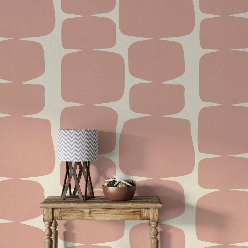 Pink Blocks on Beige Background Wallpaper, Peel and Stick Wallpaper, Stylish Room Design, Pink Wallpaper, Geometric Pattern Wallpaper