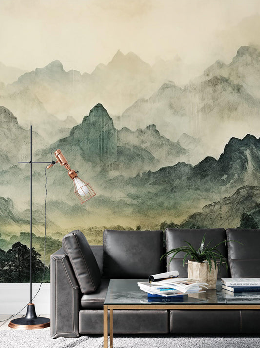Misty Craggy Mountains Wallpaper, Tual Wallpaper, Nature Mural, Painting Wallpaper, Peel and Stick Wallpaper, Green Wallpaper, Fog Wallpaper