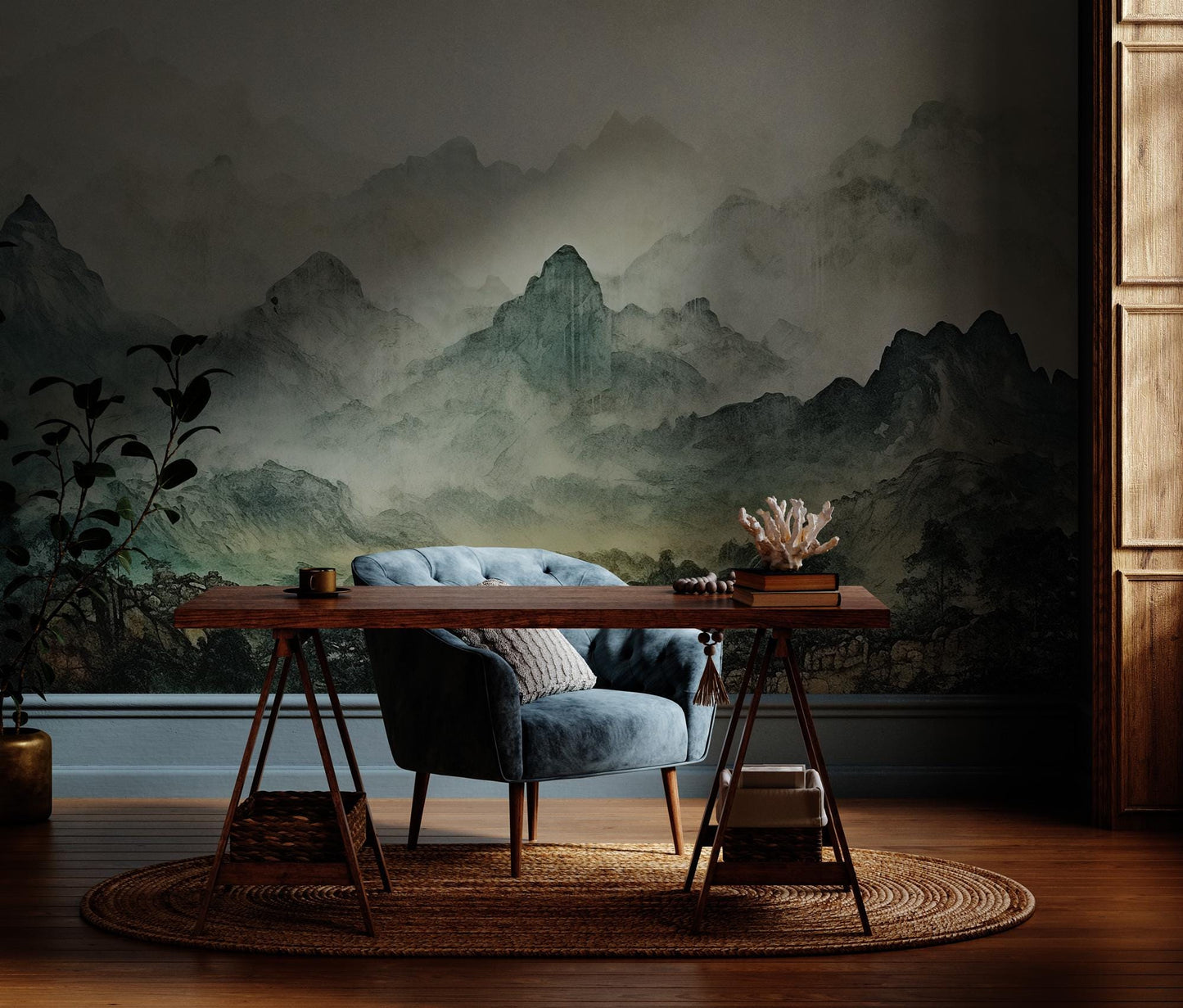 Misty Craggy Mountains Wallpaper, Tual Wallpaper, Nature Mural, Painting Wallpaper, Peel and Stick Wallpaper, Green Wallpaper, Fog Wallpaper