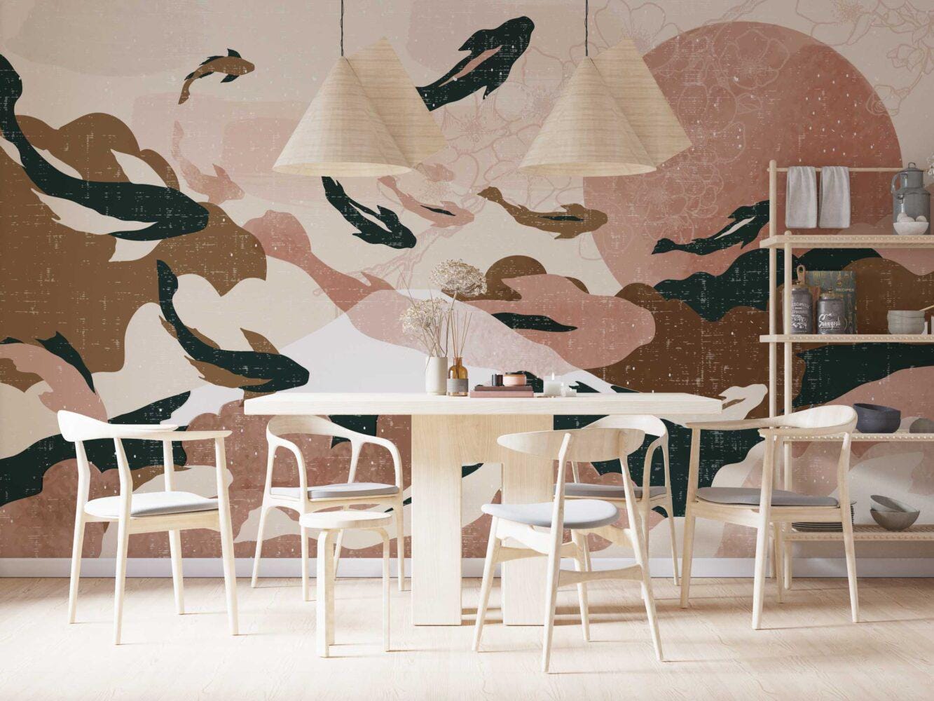 Illustration Soft Fish and Sky Collage Wallpaper, Peel and Stick Wallpaper, Stylish Room Design, Pink Wallpaper, Abstract Pattern Wallpaper