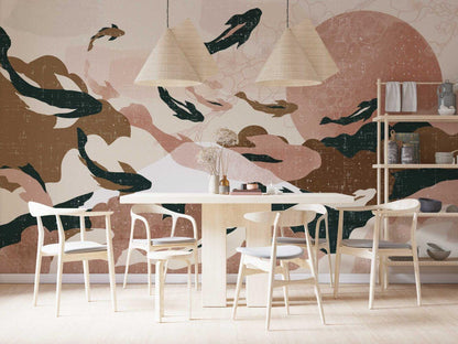 Illustration Soft Fish and Sky Collage Wallpaper, Peel and Stick Wallpaper, Stylish Room Design, Pink Wallpaper, Abstract Pattern Wallpaper