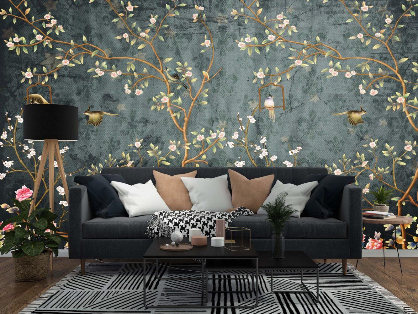 Chinese Motif Roses and Nightingale Wallpaper, Floral Wallpaper, Romantic Wall Mural, Peel and Stick Wallpaper, Green Drawing Wallpaper