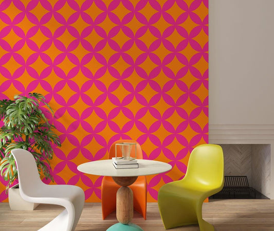 Geometric Patterned Wallpaper in Vibrant Colors , Peel and Stick Wallpaper, Stylish Room Design, Pink Wallpaper, Dynamic Neon Wallpaper