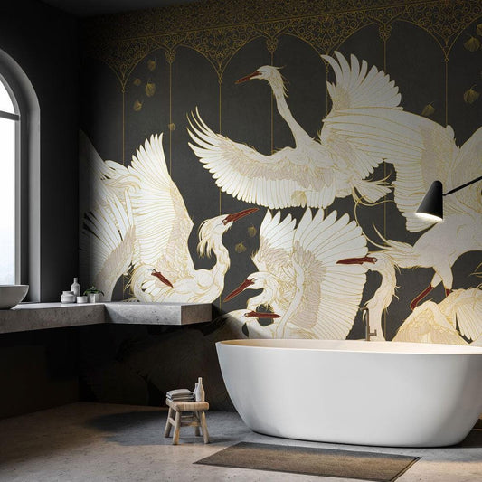 White Crane Birds Wallpaper, Mystic Artistic Wallpaper, Romantic Wall Mural, Peel and Stick Wallpaper, Drawing Wallpaper, Bohemian Wallpaper
