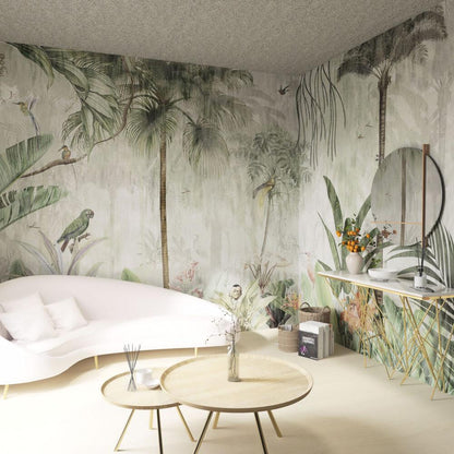 Antique Tropical Forest Animals Wallpaper, Rainforests and Natives Themed Wallpaper, Bird Sanctuary Wallpaper, Exotic Plant Floral Wallpaper
