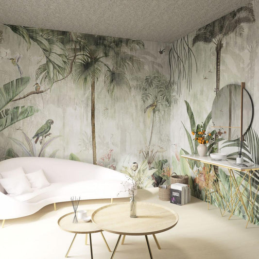 Antique Tropical Forest Animals Wallpaper, Rainforests and Natives Themed Wallpaper, Bird Sanctuary Wallpaper, Exotic Plant Floral Wallpaper