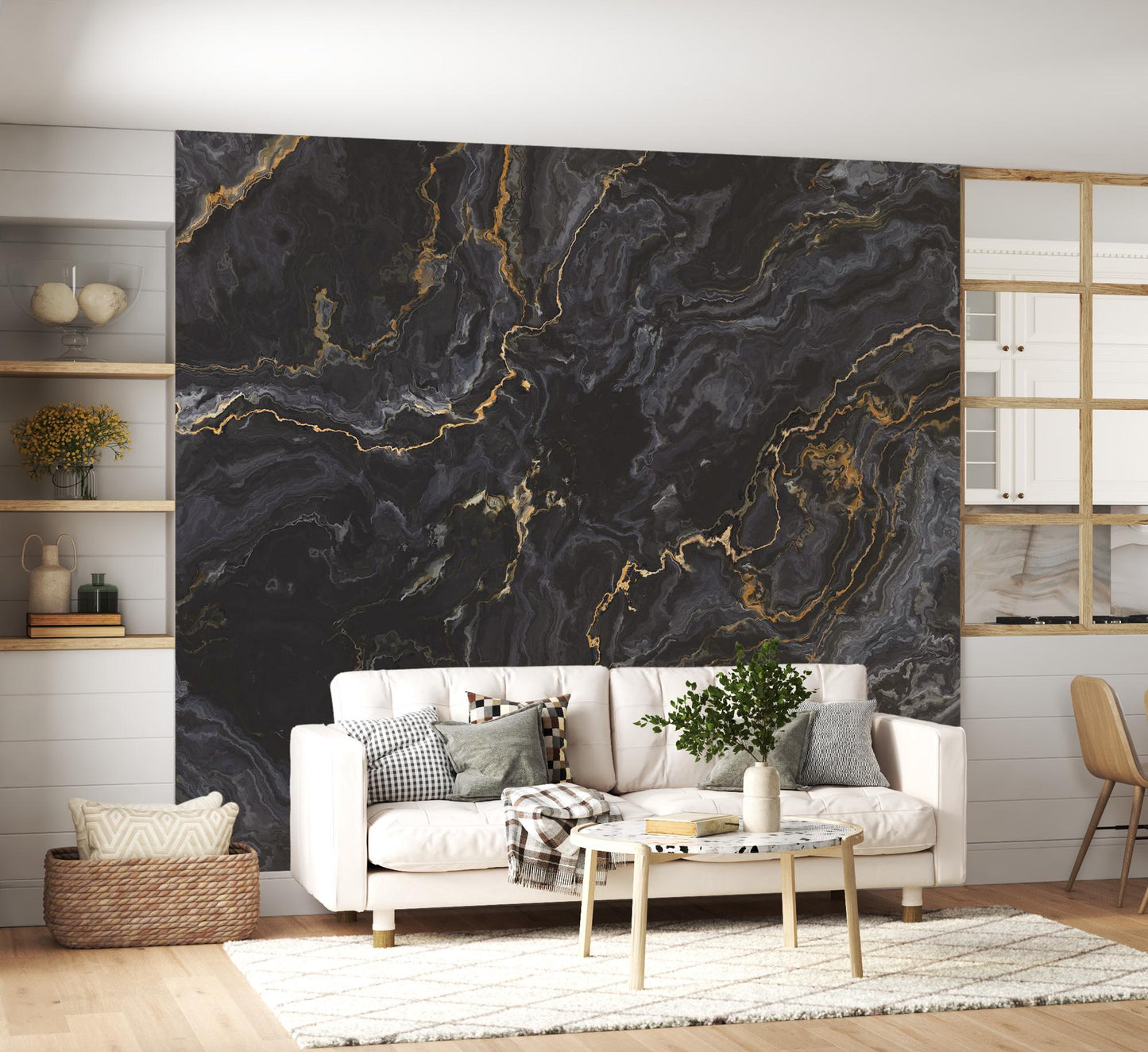 Black Marble and Gold Colored Moires Patterned Wallpaper, Design Abstract Peel and Stick Wallpaper, Modern Natural Looking Marble Wallpaper