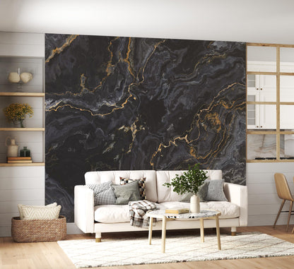 Black Marble and Gold Colored Moires Patterned Wallpaper, Design Abstract Peel and Stick Wallpaper, Modern Natural Looking Marble Wallpaper
