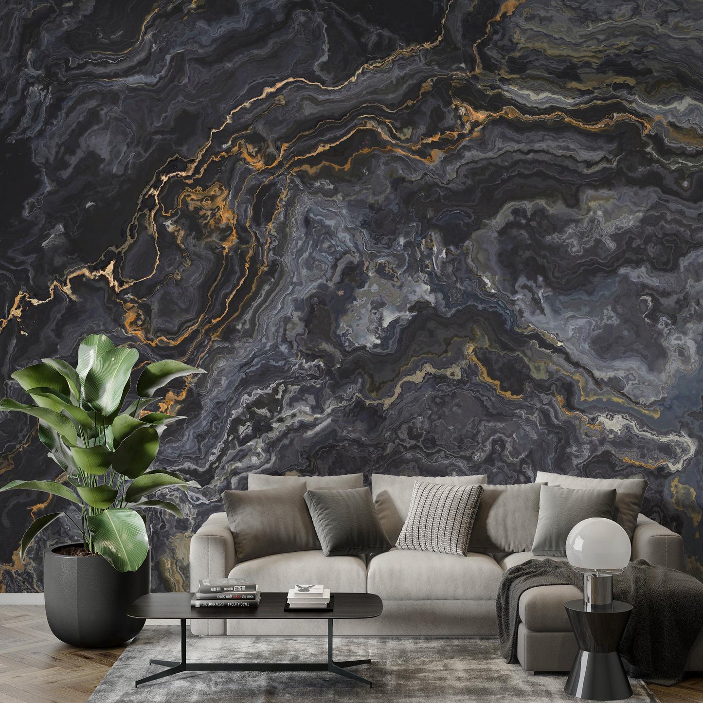 Black Marble and Gold Colored Moires Patterned Wallpaper, Design Abstract Peel and Stick Wallpaper, Modern Natural Looking Marble Wallpaper