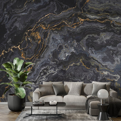 Black Marble and Gold Colored Moires Patterned Wallpaper, Design Abstract Peel and Stick Wallpaper, Modern Natural Looking Marble Wallpaper