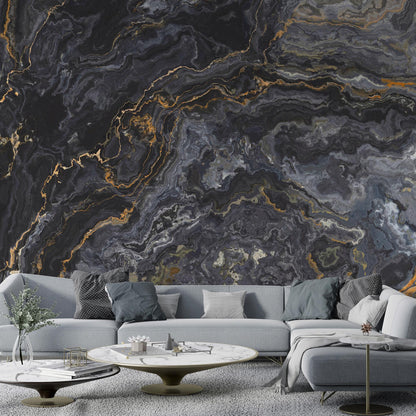 Black Marble and Gold Colored Moires Patterned Wallpaper, Design Abstract Peel and Stick Wallpaper, Modern Natural Looking Marble Wallpaper