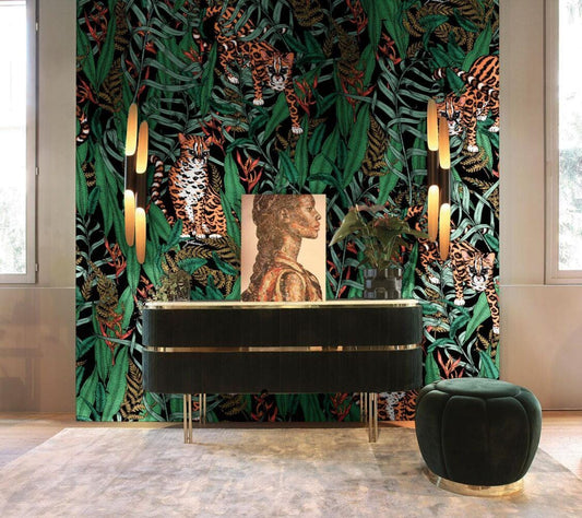 Tropical Wallpaper with Leopard Figure, 3D Wallpaper, Exotic Plant Floral Wallpaper, Palm Leaves Bohemian Wallpaper, Wild Life Wallpaper