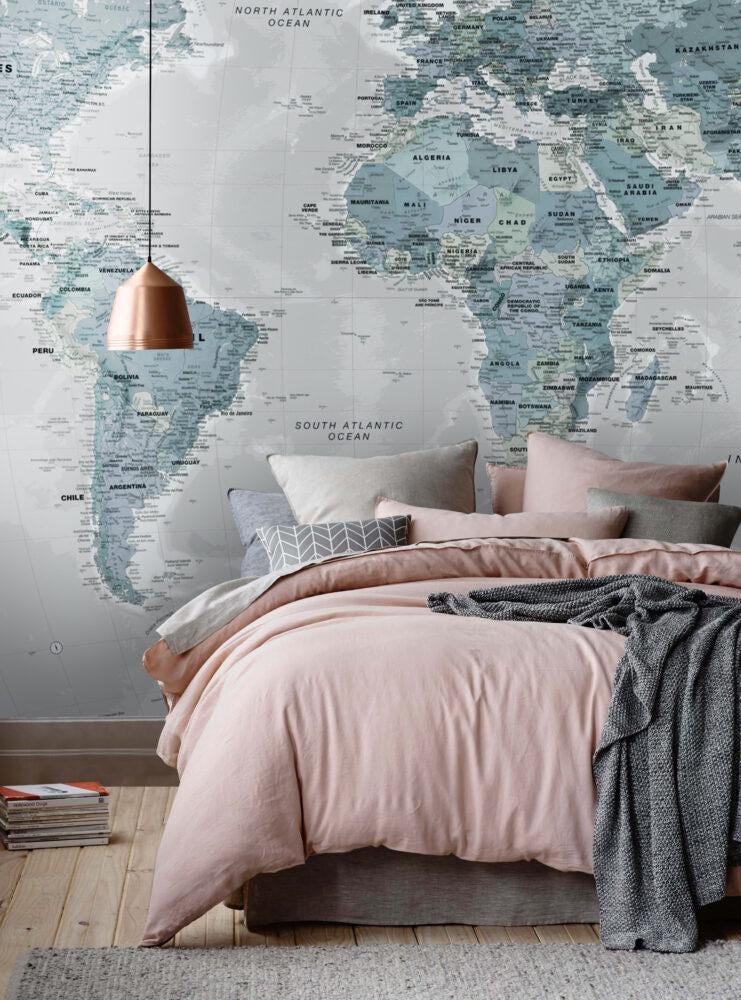 3D Wallpaper with Scaled World Map Pattern in Blue Tones, Bohemian Wallpaper, Peel and Stick Wallpaper, Drawwing Wallpaper