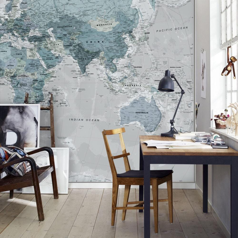 3D Wallpaper with Scaled World Map Pattern in Blue Tones, Bohemian Wallpaper, Peel and Stick Wallpaper, Drawwing Wallpaper