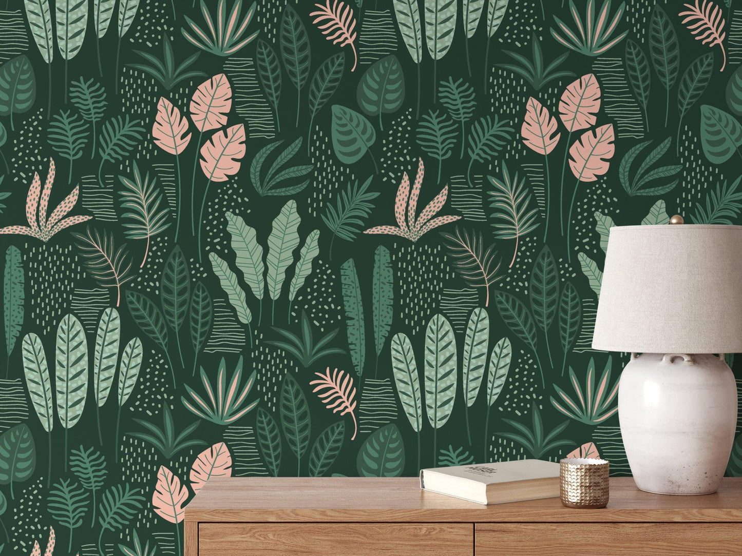 Plain Abstract Green Leaves and Branches Wallpaper, Stylish Tropical Leaf Wallpaper,  Illustration Botanical Garden Plants Flower Wallpaper
