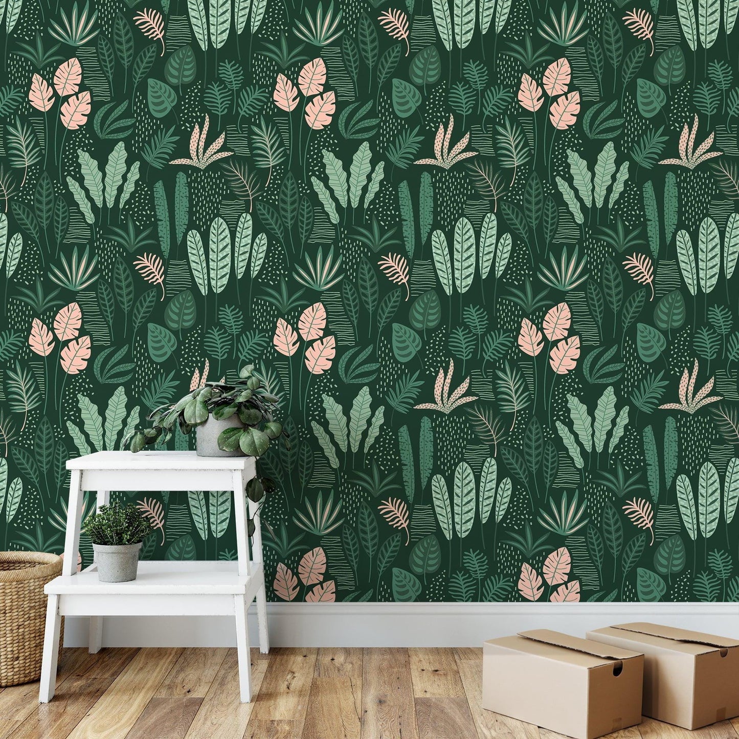 Plain Abstract Green Leaves and Branches Wallpaper, Stylish Tropical Leaf Wallpaper,  Illustration Botanical Garden Plants Flower Wallpaper