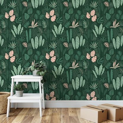 Plain Abstract Green Leaves and Branches Wallpaper, Stylish Tropical Leaf Wallpaper,  Illustration Botanical Garden Plants Flower Wallpaper