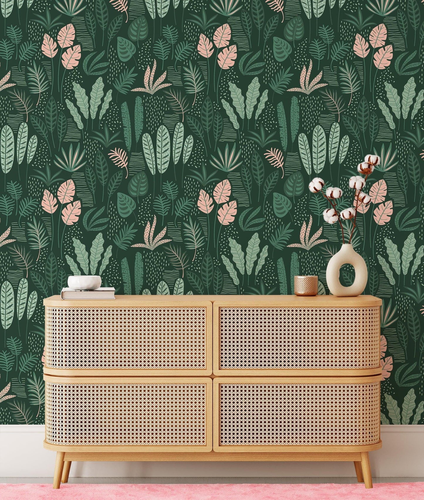 Plain Abstract Green Leaves and Branches Wallpaper, Stylish Tropical Leaf Wallpaper,  Illustration Botanical Garden Plants Flower Wallpaper