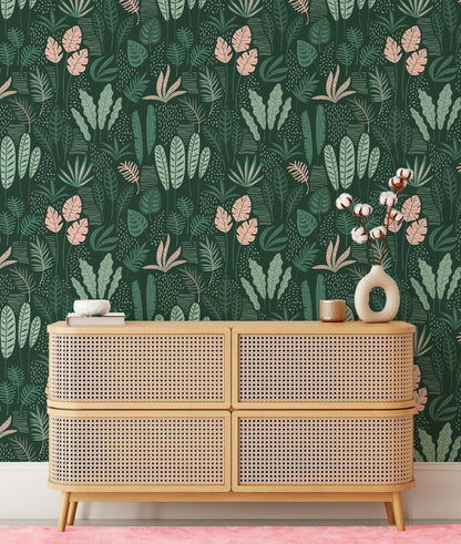 Plain Abstract Green Leaves and Branches Wallpaper, Stylish Tropical Leaf Wallpaper,  Illustration Botanical Garden Plants Flower Wallpaper