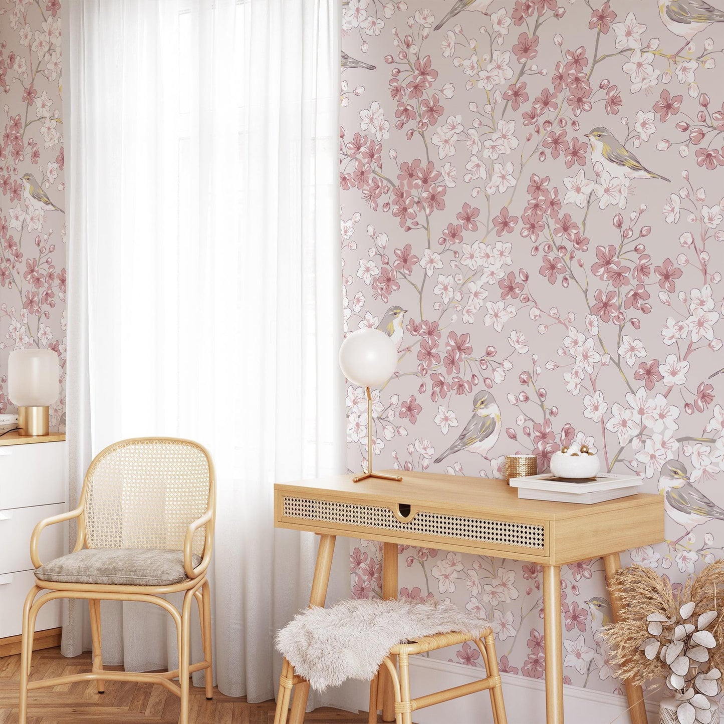 Pastel Pink Floral Bird Wallpaper, Cherry Blossoms and Birds Wall Poster, Elegance Nature Wallpaper with Flowers, Vintage Romantic Wallpaper