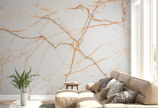 Marble Pattern Wallpaper in Ecru and Gold Colors, Design Abstract Peel and Stick Wallpaper, Modern Natural Looking Marble Wallpaper