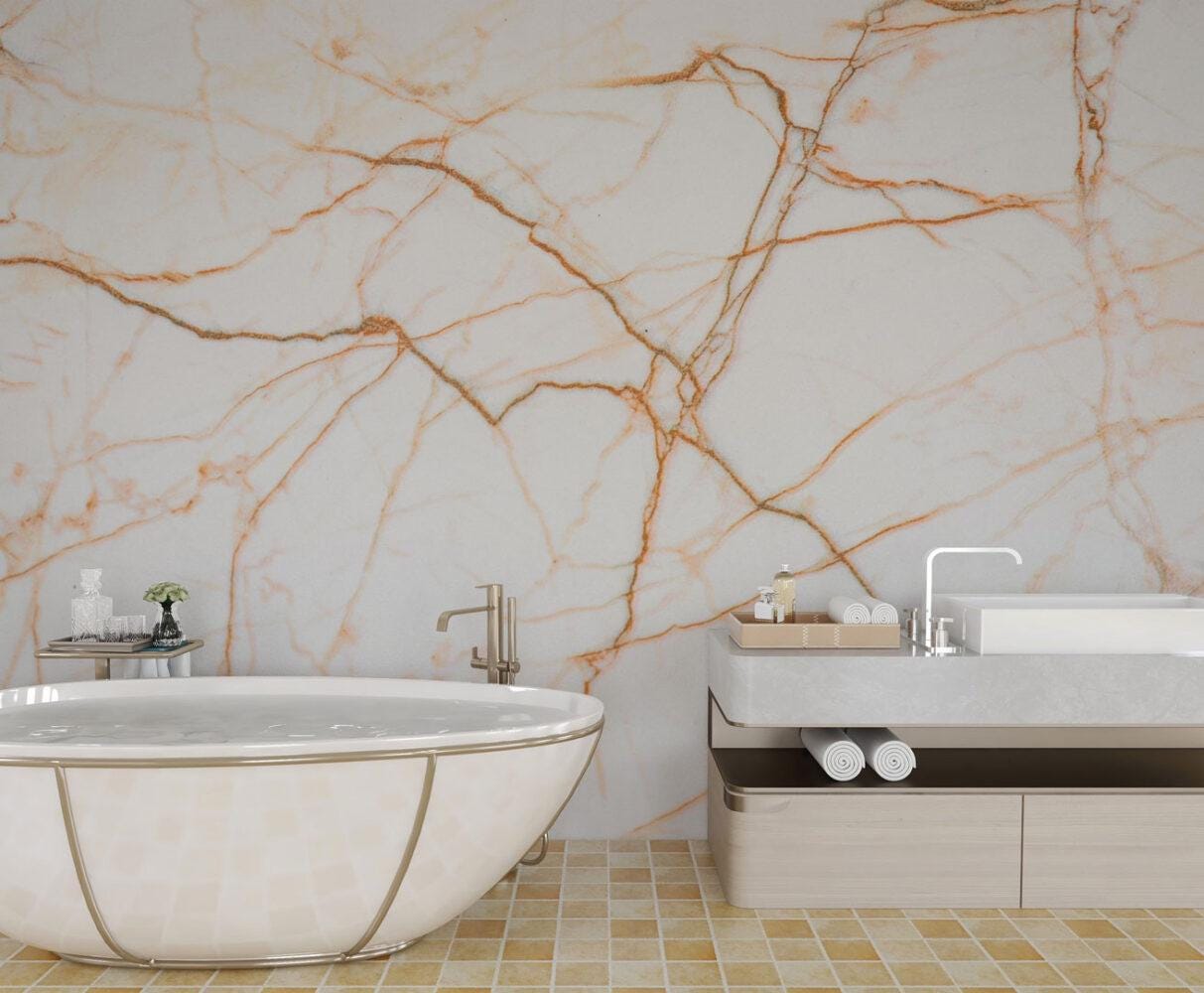 Marble Pattern Wallpaper in Ecru and Gold Colors, Design Abstract Peel and Stick Wallpaper, Modern Natural Looking Marble Wallpaper