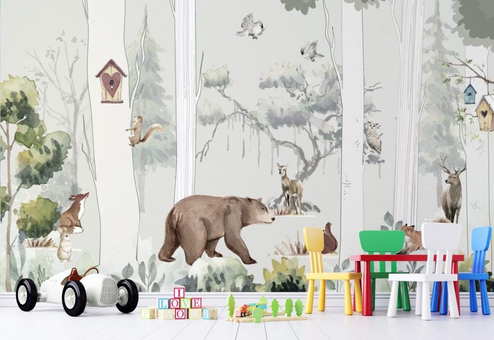 Forest Animals 3D Wallpaper for Kids Room, Bear Squirrel Deer Child Wallpaper, Wallpaper Nursery, Trees Kids Wallpaper, Watercolor Wallpaper
