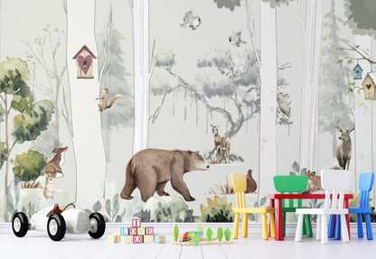 Forest Animals 3D Wallpaper for Kids Room, Bear Squirrel Deer Child Wallpaper, Wallpaper Nursery, Trees Kids Wallpaper, Watercolor Wallpaper