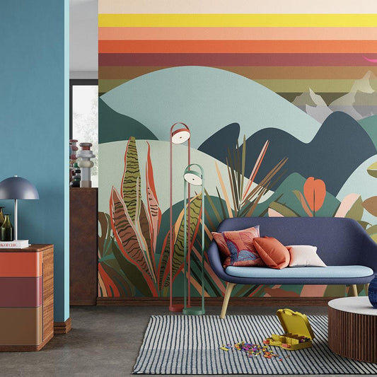Colorful Mountain Geometric Pattern Wallpaper, Boho Style Wallpaper, Abstract Peel and Stick Wallpaper, Watercolor Illustration Wallpaper