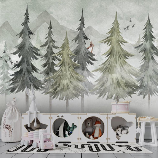 Green Pine Forest Kids Wallpaper in Soft Tones, Watercolor Nature Wallpaper For Kidsroom, Trees Wallpaper Nursery, Squirrel Baby Wallpaper