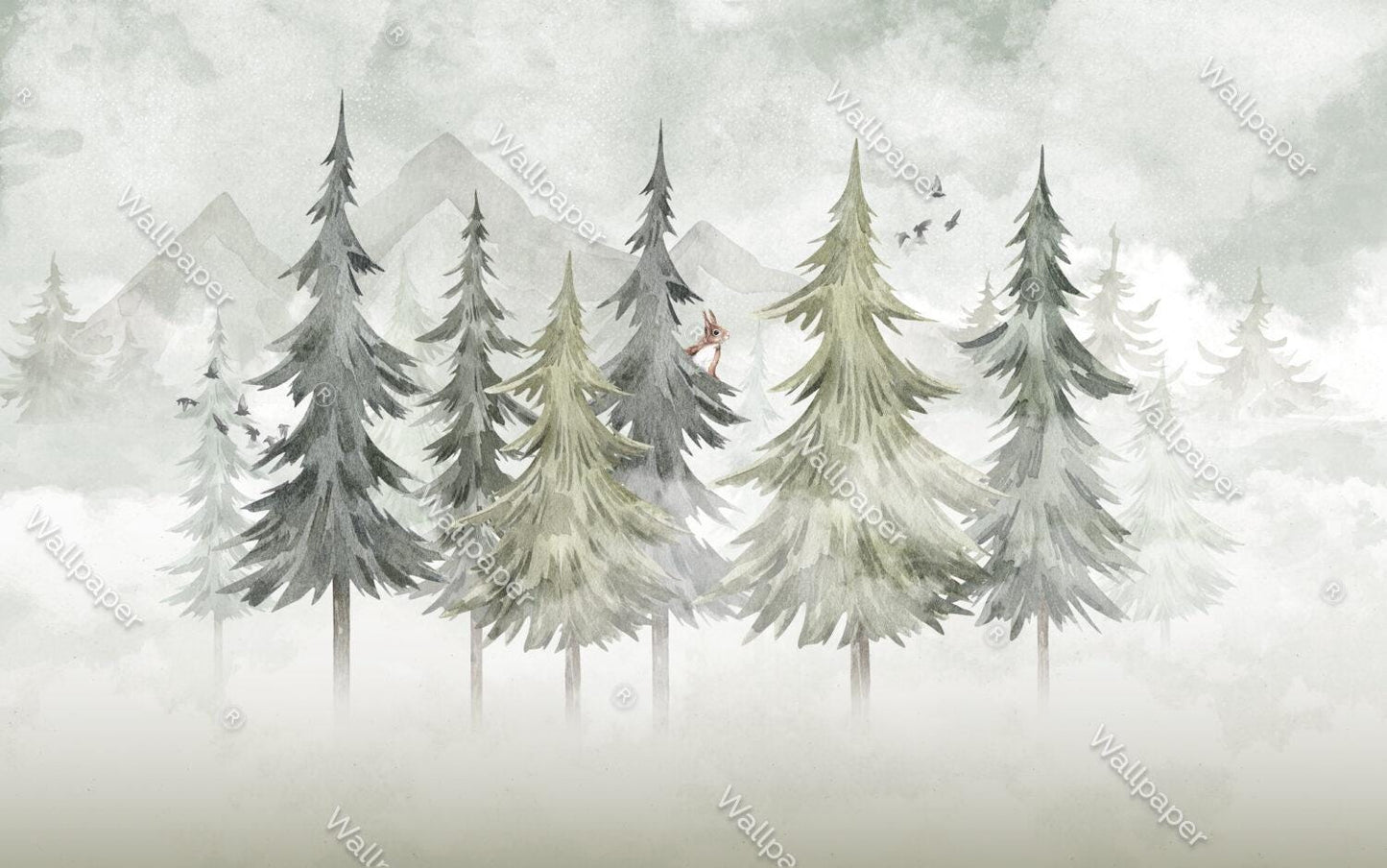 Green Pine Forest Kids Wallpaper in Soft Tones, Watercolor Nature Wallpaper For Kidsroom, Trees Wallpaper Nursery, Squirrel Baby Wallpaper