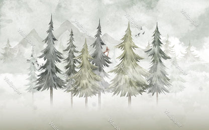 Green Pine Forest Kids Wallpaper in Soft Tones, Watercolor Nature Wallpaper For Kidsroom, Trees Wallpaper Nursery, Squirrel Baby Wallpaper
