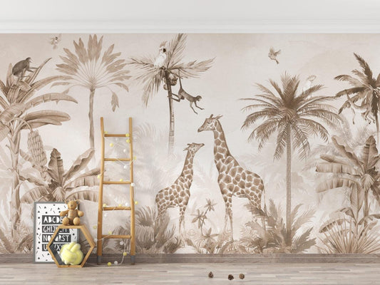 Animals and Tropical Tree in the Beige Jungle Wallpaper, Illustration Safari Kids Wallpaper, Giraffe Wallpaper Nursery, Beige Baby Wallpaper