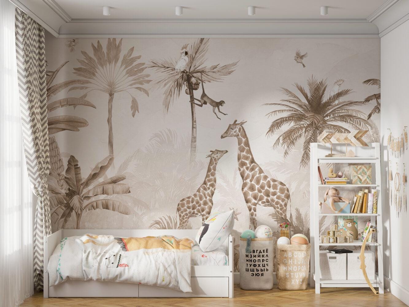 Animals and Tropical Tree in the Beige Jungle Wallpaper, Illustration Safari Kids Wallpaper, Giraffe Wallpaper Nursery, Beige Baby Wallpaper