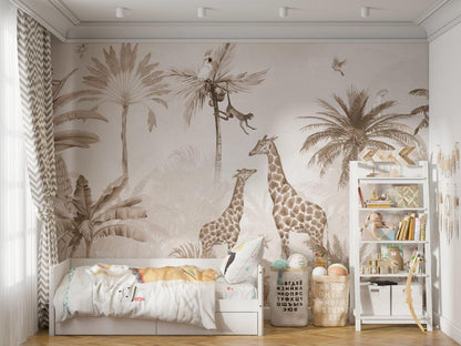 Animals and Tropical Tree in the Beige Jungle Wallpaper, Illustration Safari Kids Wallpaper, Giraffe Wallpaper Nursery, Beige Baby Wallpaper